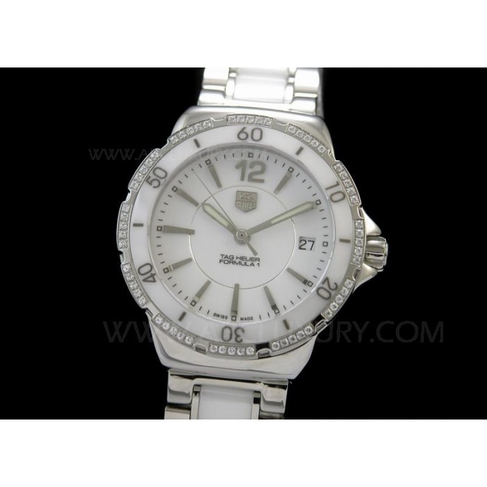 Replica TAG Heuer Formula 1 orologi unisex quadrante bianco in ceramica diamanti Lunetta 37 millimetri STF004