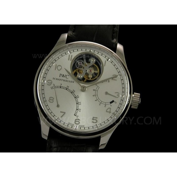 Replica IWC Portoghese Tourbillon Uomo Orologi quadrante bianco cinturino in pelle nera Movimento Svizzero SIW002