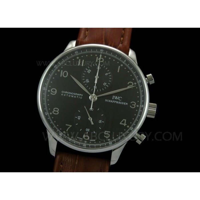 Replica IWC Portoghese cronografo Uomo Orologi quadrante nero Brown Strap movimento Svizzero SIW009