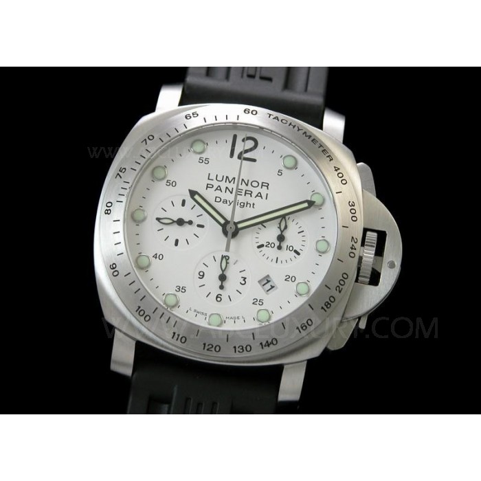 Replica Panerai Luminor Daylight Chronograph Svizzero Orologi quadrante bianco nero di gomma della cinghia SPLC015